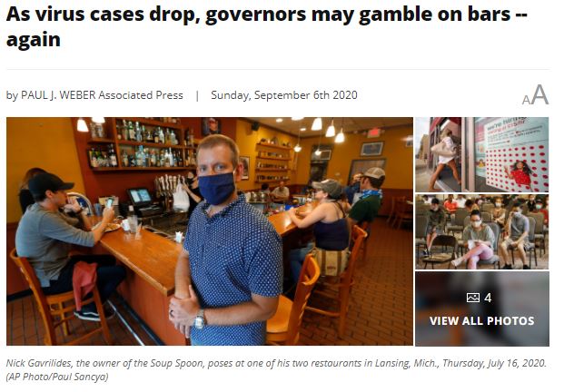Associated Press, “As virus cases drop, governors may gamble on bars – again”