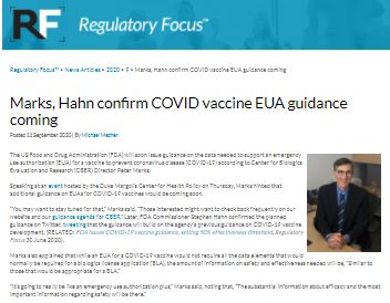 Regulatory Focus, “Marks, Hahn confirm COVID vaccine EUA guidance coming,”