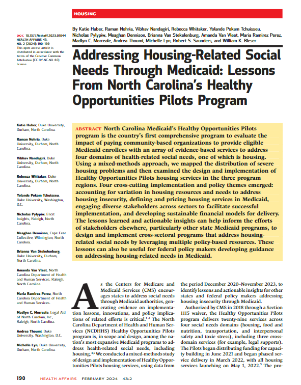 Addressing Housing-Related Social Needs Through Medicaid: Lessons From North Carolina’s Healthy Opportunities Pilots Program