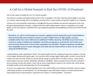 Call for Global COVID-19 Summit Letter Image